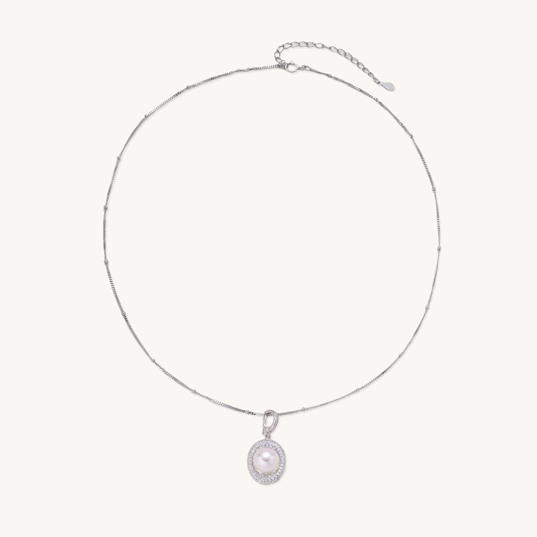 Sterling silver necklace with freshwater pearl in sparkling crystal halo pendant on delicate beaded chain