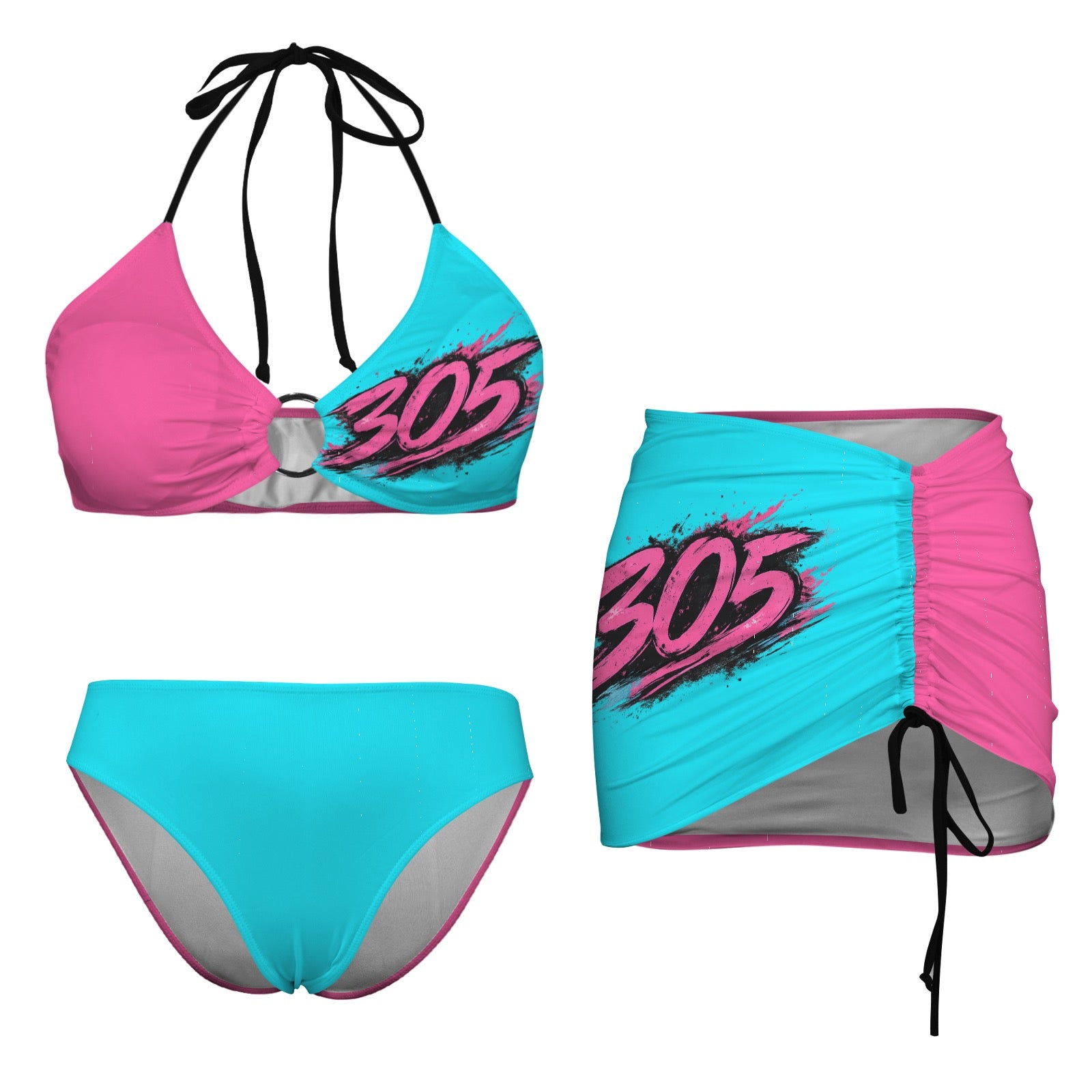 VG 305 Pink Cyan Three Piece Swimsuit Skirt